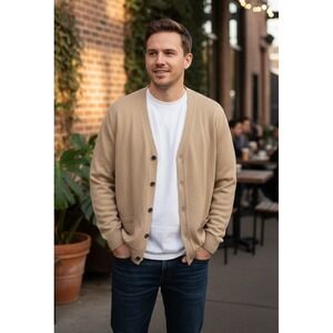 Amazon Essentials Men's V Neck Cardigan Tan Button Front Cotton Pockets Size L